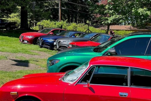 Classic and modern Alfa Romeo vehicles parked on grass, with a vintage coupe in the foreground.